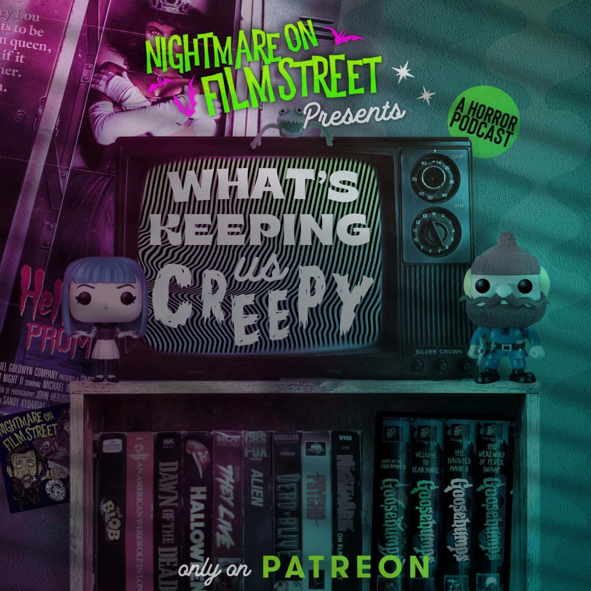 Little Funko Pop Doll Versions Of Hosts Kim &Amp; Jon Placed Beside A Small Tube Television With The Words &Quot;What'S Keeping Us Creepy&Quot; On The Screen. The Television And Dolls Sit On Top Of A Small Bedroom Sized Bookshelf Filled With Vhs Tapes. There Is Also A Poster For &Quot;Hello Mary Lou: Prom Night Ii&Quot; On The Wall Above Them. 