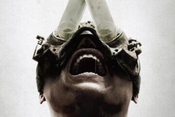 Saw x (2023) Eye Trap with vacuum tubes running somewhere unseen while the man connected screams in pain.