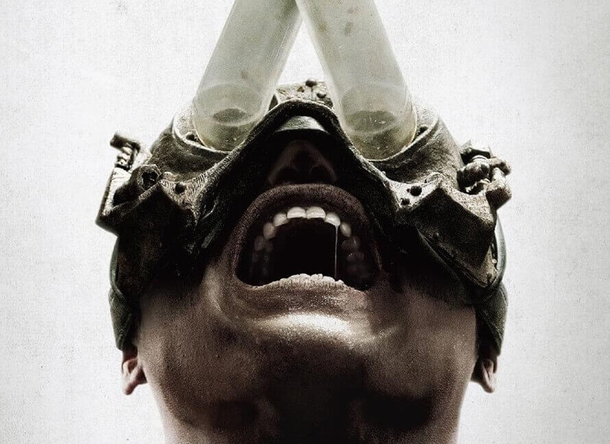 Saw x (2023) Eye Trap with vacuum tubes running somewhere unseen while the man connected screams in pain.