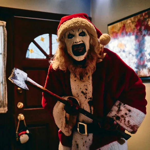 David Howard Thornton as “Art the Clown” in the horror film, TERRIFIER 3 , a Cineverse release. Photo courtesy of Jesse Korman/Dark Age Cinema.