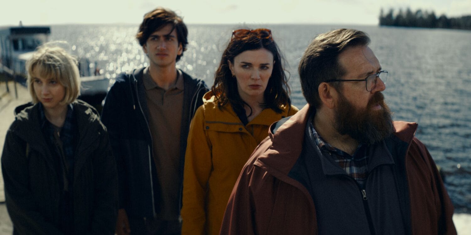 L - R, Maisie Ayres, Sebastian Croft, Aisling Bea, and Nick Frost in Steffen Haars’ GET AWAY. Courtesy of IFC Films and Shudder.