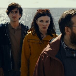 L - R, Maisie Ayres, Sebastian Croft, Aisling Bea, and Nick Frost in Steffen Haars’ GET AWAY. Courtesy of IFC Films and Shudder.