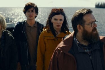 L - R, Maisie Ayres, Sebastian Croft, Aisling Bea, and Nick Frost in Steffen Haars’ GET AWAY. Courtesy of IFC Films and Shudder.