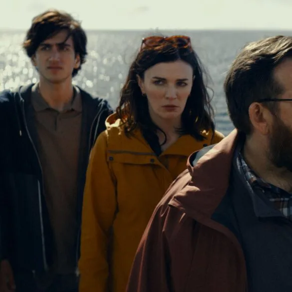 L - R, Maisie Ayres, Sebastian Croft, Aisling Bea, and Nick Frost in Steffen Haars’ GET AWAY. Courtesy of IFC Films and Shudder.