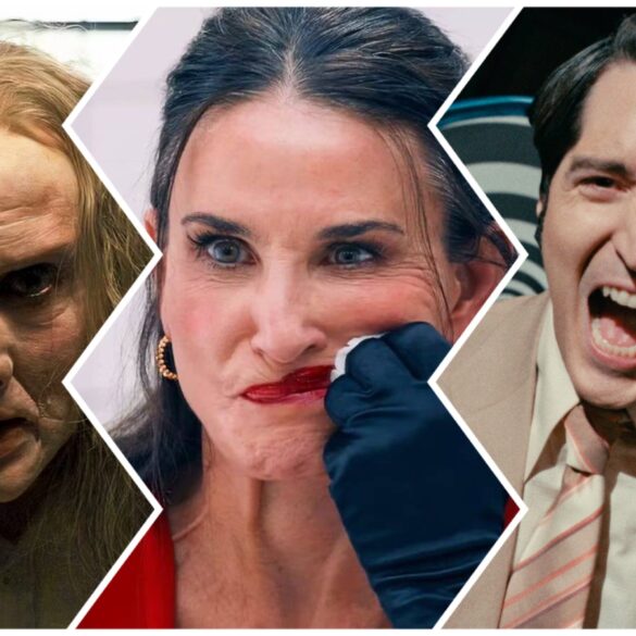 Photo collage of Nicholas Cage as Longlegs in LONGLEGS (2024), Demi Moore as Elizabeth Sparkle in THE SUBSTANCE (2024), and David Dastmalchian as Jack Delroy in LATE NIGHT WITH THE DEVIL (2024)