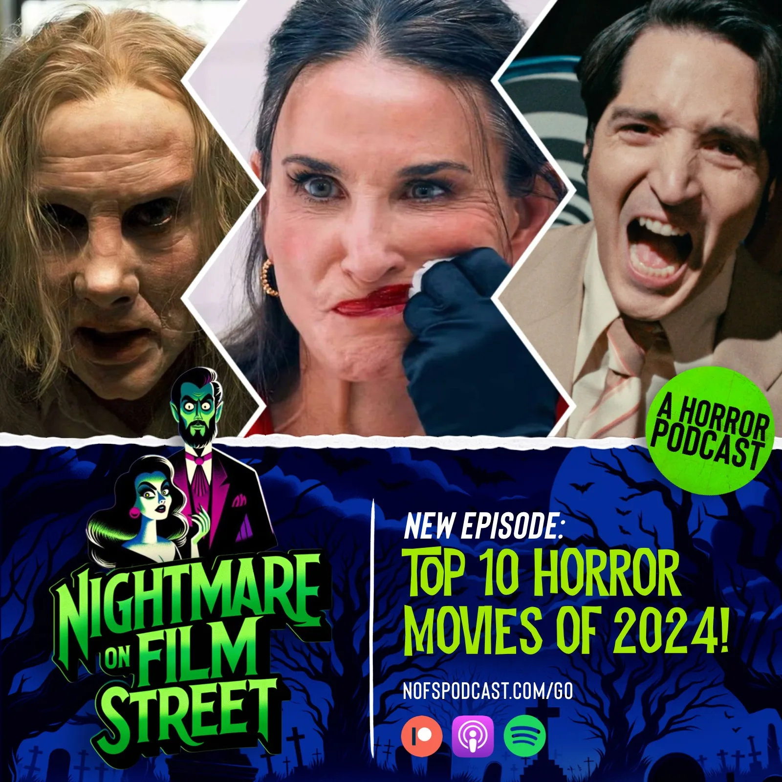 Photo collage of Nicholas Cage as Longlegs in LONGLEGS (2024), Demi Moore as Elizabeth Sparkle in THE SUBSTANCE (2024), and David Dastmalchian as Jack Delroy in LATE NIGHT WITH THE DEVIL (2024) for the Nightmare on Film Street podcast Top 10 Horror Movies of 2024