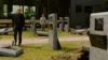 The Shrouds (2025) Karsh (Vincent Cassel) and Maury (Guy Pearce) investigate the GraveTech Attach