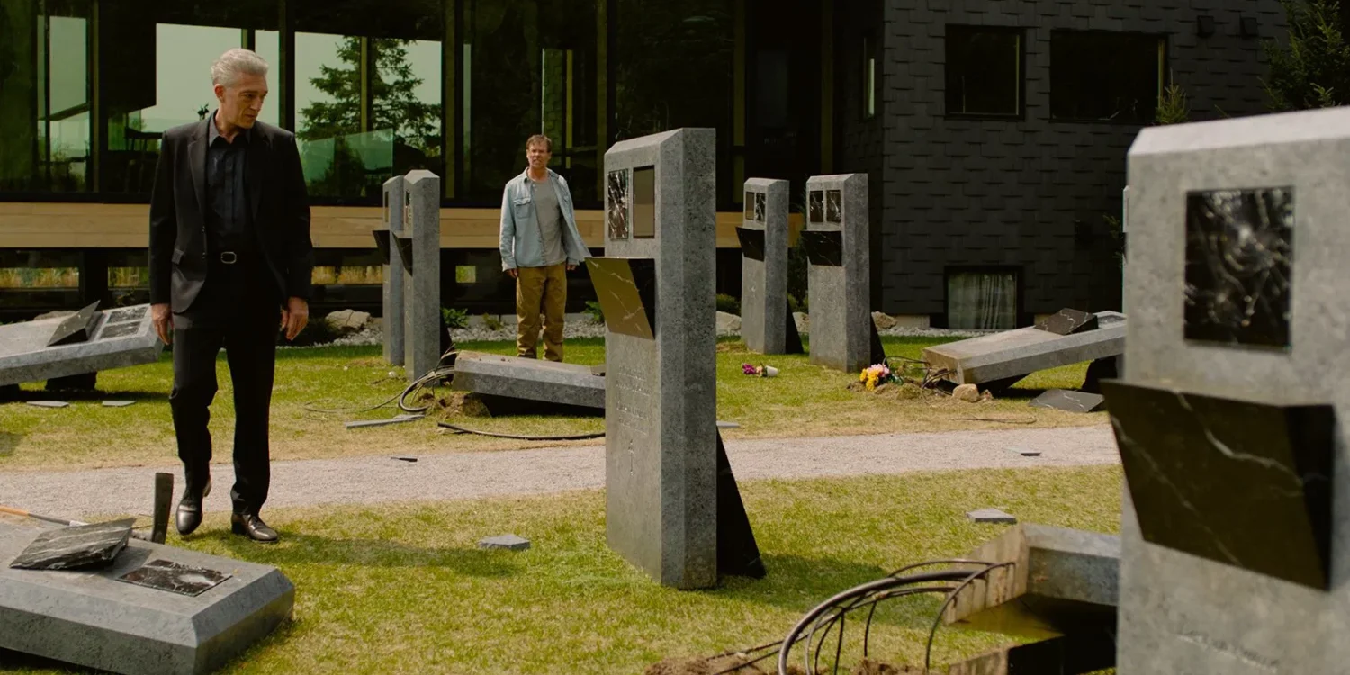 The Shrouds (2025) Karsh (Vincent Cassel) and Maury (Guy Pearce) investigate the GraveTech Attach
