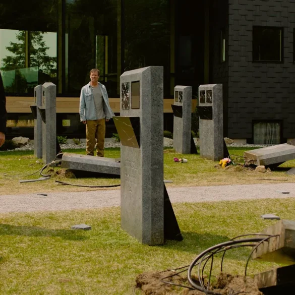 The Shrouds (2025) Karsh (Vincent Cassel) and Maury (Guy Pearce) investigate the GraveTech Attach